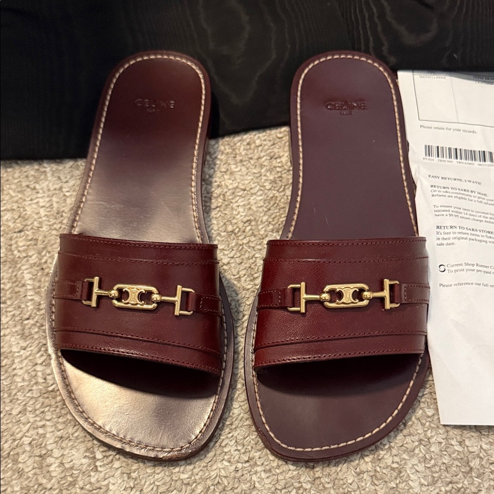 Celine burgundy Leather Slide Sandals with Gold Accent - 40